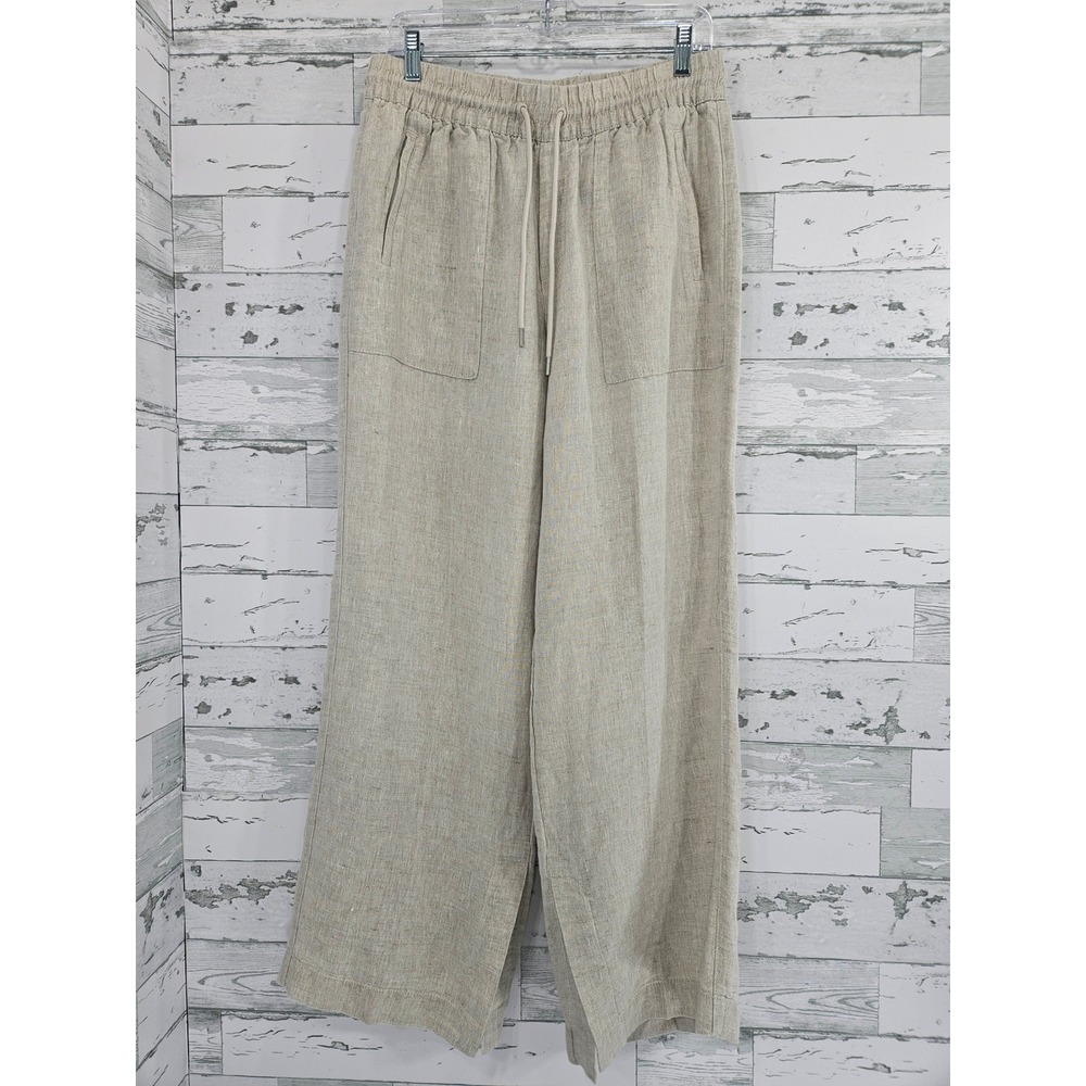 Athleta Retreat Women Beige 100% Linen Wide Leg Drawstring Pants Size M
